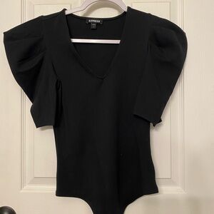 Express Black Asymmetrical Puff Sleeve Bodysuit
